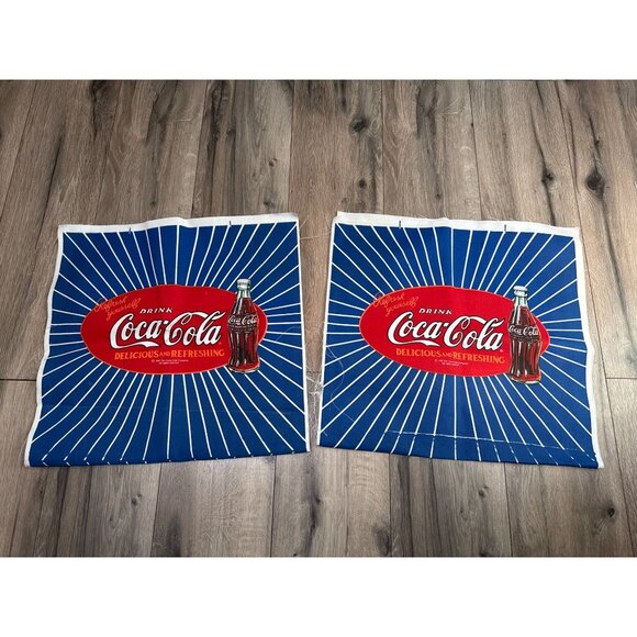 Coca-Cola Vintage Fabric Upholstery Canvas Panels 2-Pack Cotton 18"x18" Blue Red - Picture 1 of 7